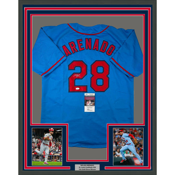 Framed Autographed/Signed Nolan Arenado 33x42 St. Louis Blue Jersey JSA COA