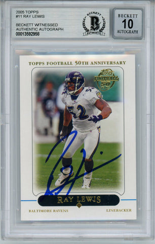 Ray Lewis Autographed 2005 Topps #11 Trading Card Beckett 10 Slab 35239