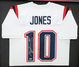 NEW ENGLAND PATRIOTS MAC JONES AUTOGRAPHED FRAMED WHITE JERSEY BECKETT QR 202404