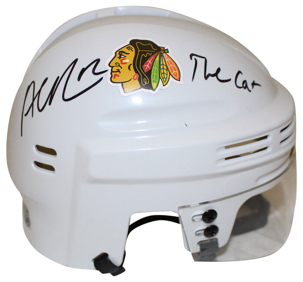 Alex DeBrincat Signed Chicago Blackhawks White Mini Helmet The Cat BAS 36008