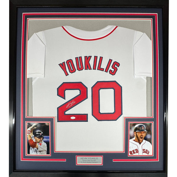 FRAMED Signed KEVIN YOUKILIS 35x39 Boston White Jersey JSA COA Auto