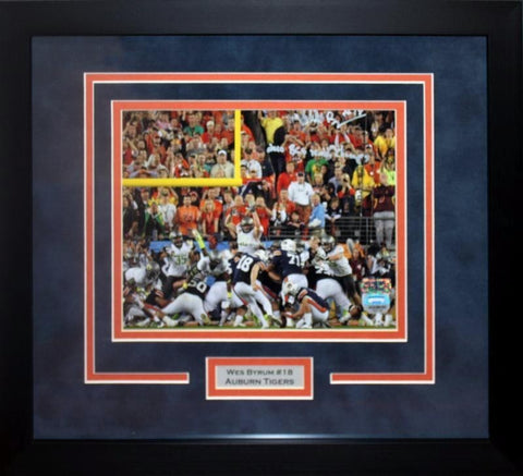 WES BYRUM AUTOGRAPHED AUBURN TIGERS BCS KICK 8x10 FRAMED PHOTO FANATICS