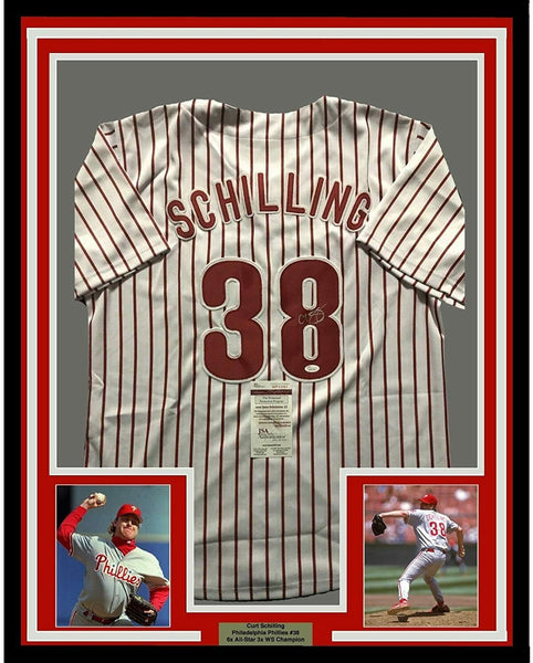 Framed Autographed/Signed Curt Schilling 33x42 Philadelphia Jersey JSA COA