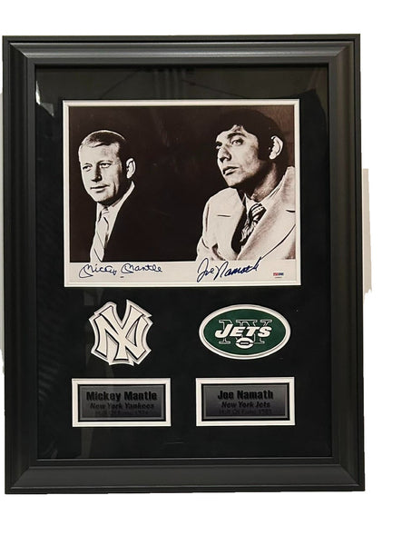 Mickey Mantle & Joe Namath Dual-Autographed 11x14 Photo Framed Collage - PSA LOA