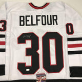 Autographed/Signed ED BELFOUR Chicago White Hockey Jersey JSA COA Auto