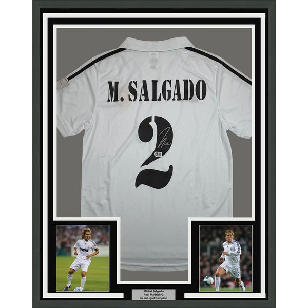 Framed Autographed/Signed Michel Salgado 35x39 Real Madrid Jersey BAS COA