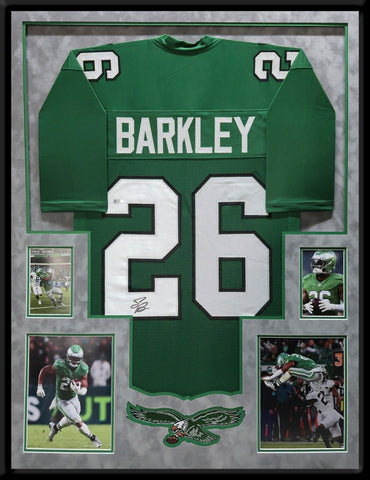 SUEDE FRAMED PHILADELPHIA EAGLES SAQUON BARKLEY AUTOGRAPHED JERSEY BECKETT COA
