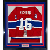 Framed Autographed/Signed Henri Richard 35x39 Montreal Red Jersey JSA COA