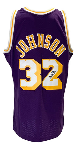 Press Pass Collectibles Lakers Magic Johnson Signed Grey M&N HWC Swingman Framed Jersey BAS Witnessed