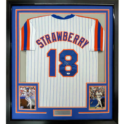 FRAMED Signed DARRYL STRAWBERRY 35x39 NY Pinstripe Jersey PSA COA
