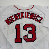 Autographed/Signed Doug Mientkiewicz Final Out! Boston White Jersey BAS COA