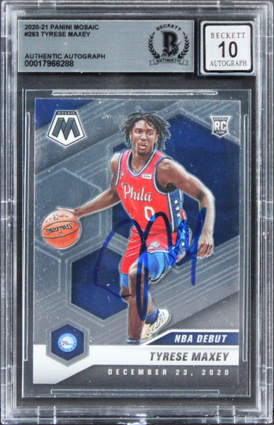 76ers Tyrese Maxey Signed 2020 Panini Mosaic #263 Rookie Card Auto 10! BAS Slab