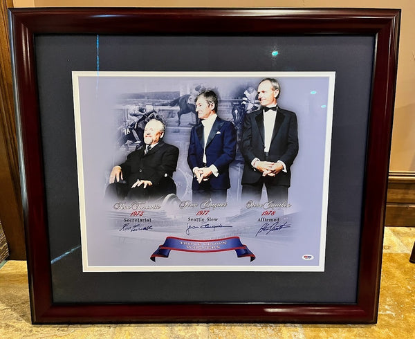 Turcotte Cruguet Cauthen Autographed 16x20 Photo Framed Triple Crown PSA COA