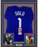 Framed Autographed/Signed Hope Solo 35x39 USA Blue Soccer Jersey JSA COA