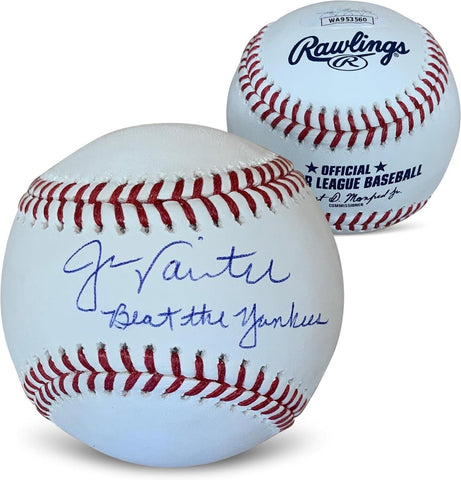 Jason Varitek Autographed MLB Baseball BEAT THE YANKEES JSA COA + Case