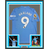 Framed Autographed/Signed Erling Haaland 35x39 Man City Blue Jersey Beckett COA