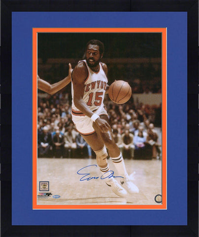 Framed Earl Monroe New York Knicks Signed 16" x 20" Dribbling in White Photo