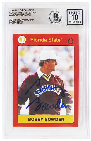 Bobby Bowden Signed Florida State 1990-91 Collegiate Card #60 -(Beckett Auto 10)