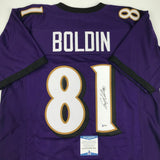 Autographed/Signed ANQUAN BOLDIN Baltimore Purple Football Jersey Beckett COA