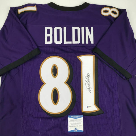 Autographed/Signed ANQUAN BOLDIN Baltimore Purple Football Jersey Beckett COA