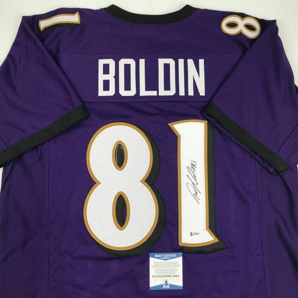 Autographed/Signed ANQUAN BOLDIN Baltimore Purple Football Jersey Beckett COA
