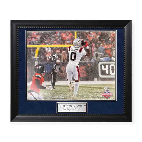 Christian Gonzalez Patriots Signed Autographed 16x20 Photo Framed to 23x27