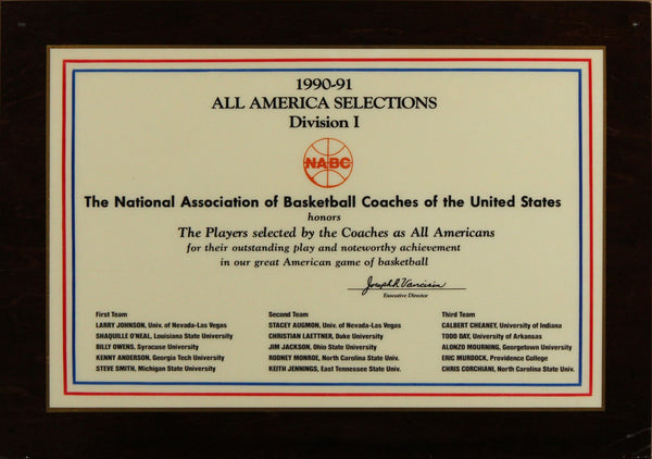 Shaquille O'Neal 1990 NABC Division 1 All-American Team Plaque Un-signed