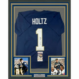 FRAMED Autographed/Signed LOU HOLTZ 33x42 Notre Dame Blue Jersey JSA COA