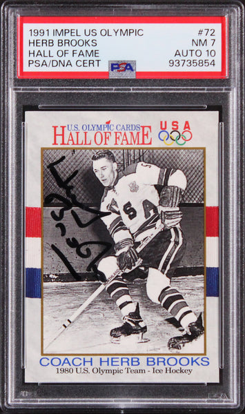 Herb Brooks Signed 1991 Impel US Olympic HOF #72 Card Graded 7 Auto 10! PSA Slab