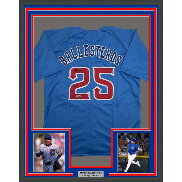 Framed Autographed/Signed Moises Ballesteros 35x39 Blue CC Jersey BAS COA