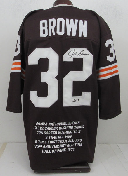 Jim Brown HOF Signed/Insc Brown Custom Football Jersey w/ Stats Browns JSA 19574