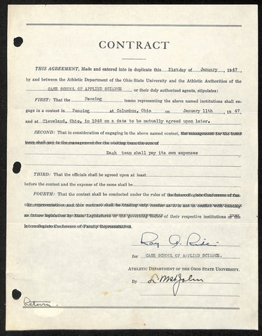 Lynn St. John HOF Signed 1947 Contract Ohio State & Case Western JSA 198959