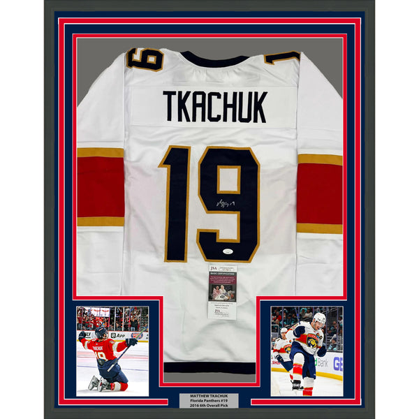 Framed Autographed/Signed Matthew Tkachuk 35x39 Florida White Jersey JSA COA