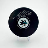 Autographed/Signed Macklin Celebrini San Jose Sharks Hockey Puck Fanatics COA