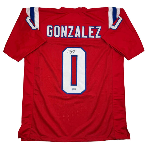 Autographed/Signed Christian Gonzalez New England Red Football Jersey BAS COA