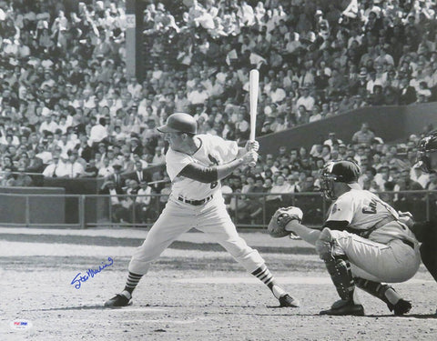 Stan Musial Signed Cardinals Batting B&W Action 16x20 Photo - (PSA/DNA)