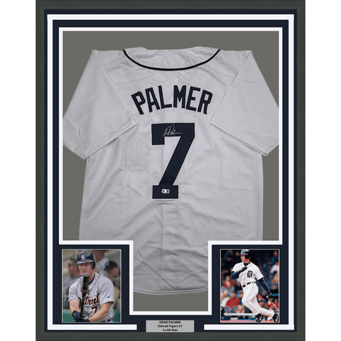 Framed Autographed Dean Palmer Detroit White Baseball Jersey BAS COA