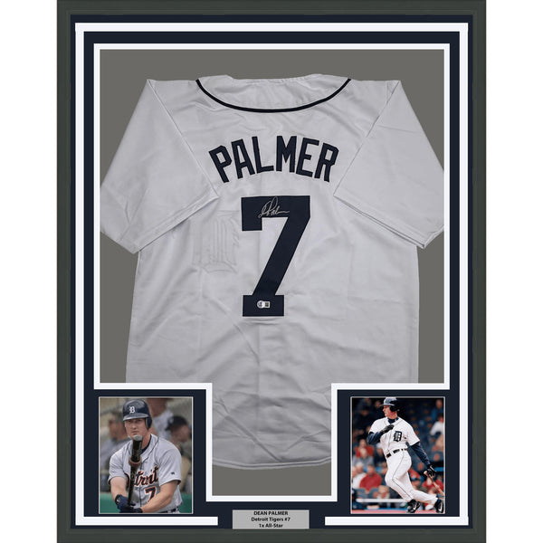 Framed Autographed Dean Palmer Detroit White Baseball Jersey BAS COA