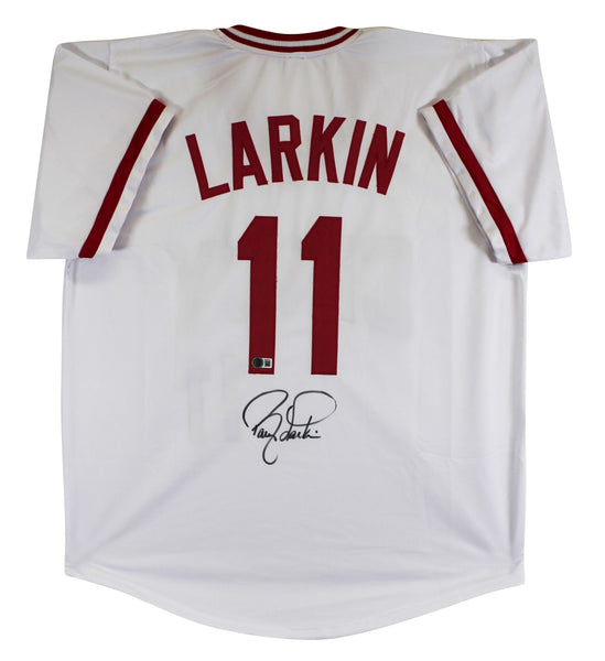 Barry Larkin Authentic Signed White Pro Style Jersey Autographed BAS Witnessed
