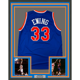 Framed Autographed/Signed Patrick Ewing 33x42 New York Blue Jersey BAS COA