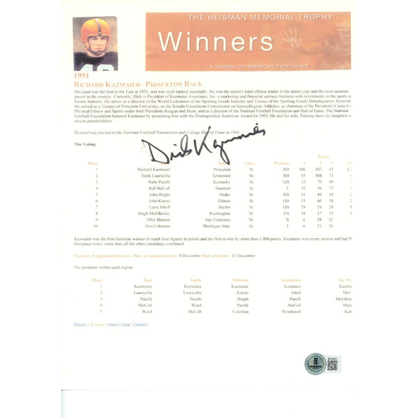 Dick Kazmaier Autographed/Signed Princeton Tigers 1951 Heisman Bio Beckett 49407