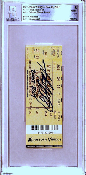 Adrian Peterson Signed Minnesota Vikings 11/18/07 '07 ROY Slab Ticket BAS 43397