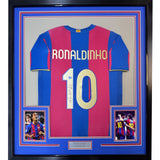 Framed Signed Ronaldinho 35x39 Barcelona Blue/Red Jersey Beckett COA