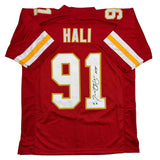 Autographed/Signed Tamba Hali Kansas City Red Football Jersey Beckett BAS COA