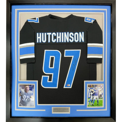 Framed Autographed/Signed Aidan Hutchinson 33x42 Detroit Black Jersey BAS COA