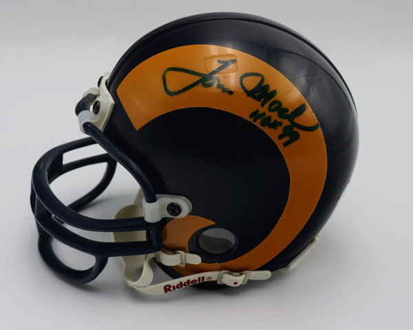 Tom Mack Autographed Los Angeles Rams Mini Helmet Inscribed "HOF 99" -- BAS COA