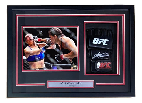 Amanda Nunes Signed UFC Fight Glove w/ 8x10 Rousey Photo In Shadowbox JSA QR