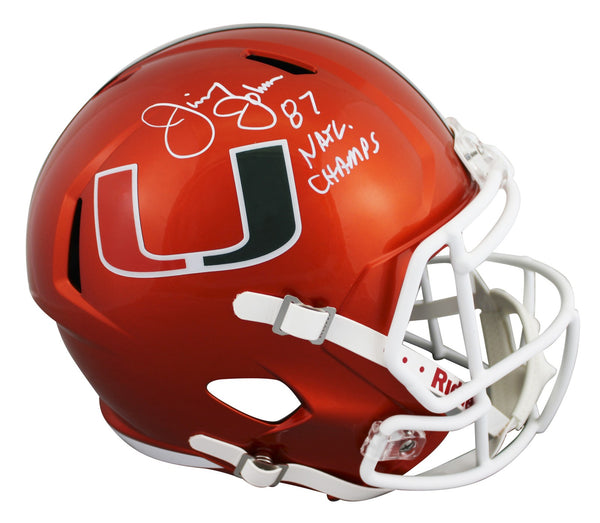 Miami Jimmy Johnson "87 Nat'l Champs" Signed Flash F/S Speed Rep Helmet BAS Wit