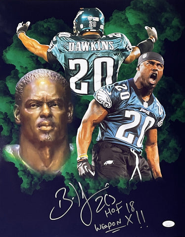 Brian Dawkins Signed 16x20 Eagles Green Smoke Collage Photo Weapon X HOF 18 JSA