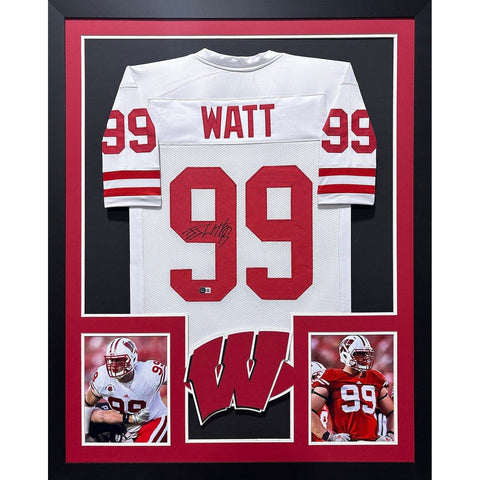 J.J. Watt Autographed Signed Framed Wisconsin White JJ Jersey BECKETT
